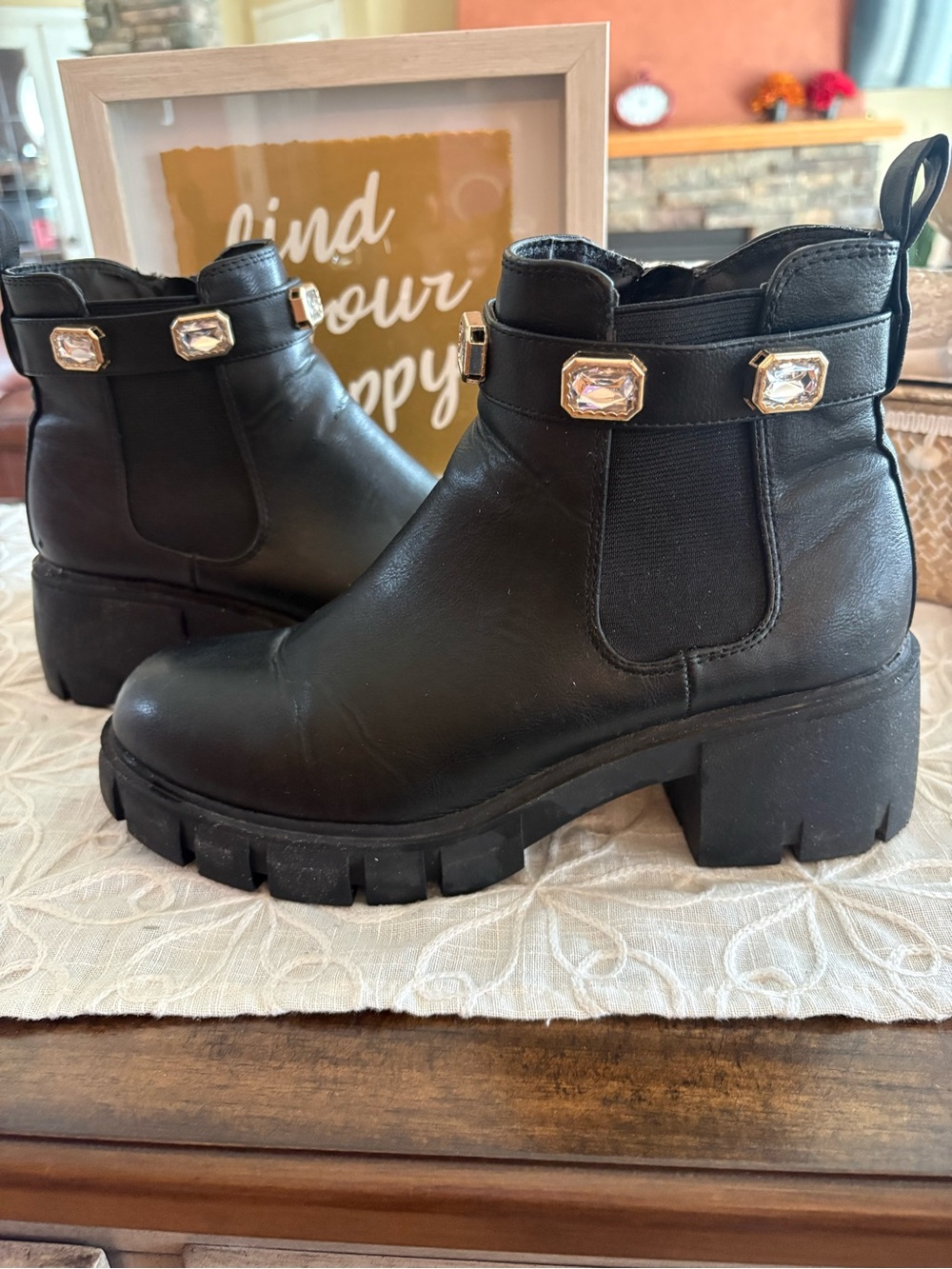 Steve Madden Amulet Black Platform Ankle Boots with Gold Gem Accents